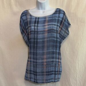 G-14‎ Two by Vince Camuto Blue & Gray Plaid Short Sleeve Pullover Blouse Size S